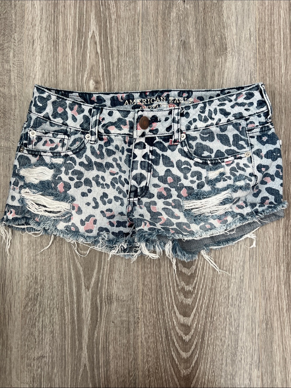 American Eagle Outfitters Women's Pink & Blue Leopard Denim Shorts